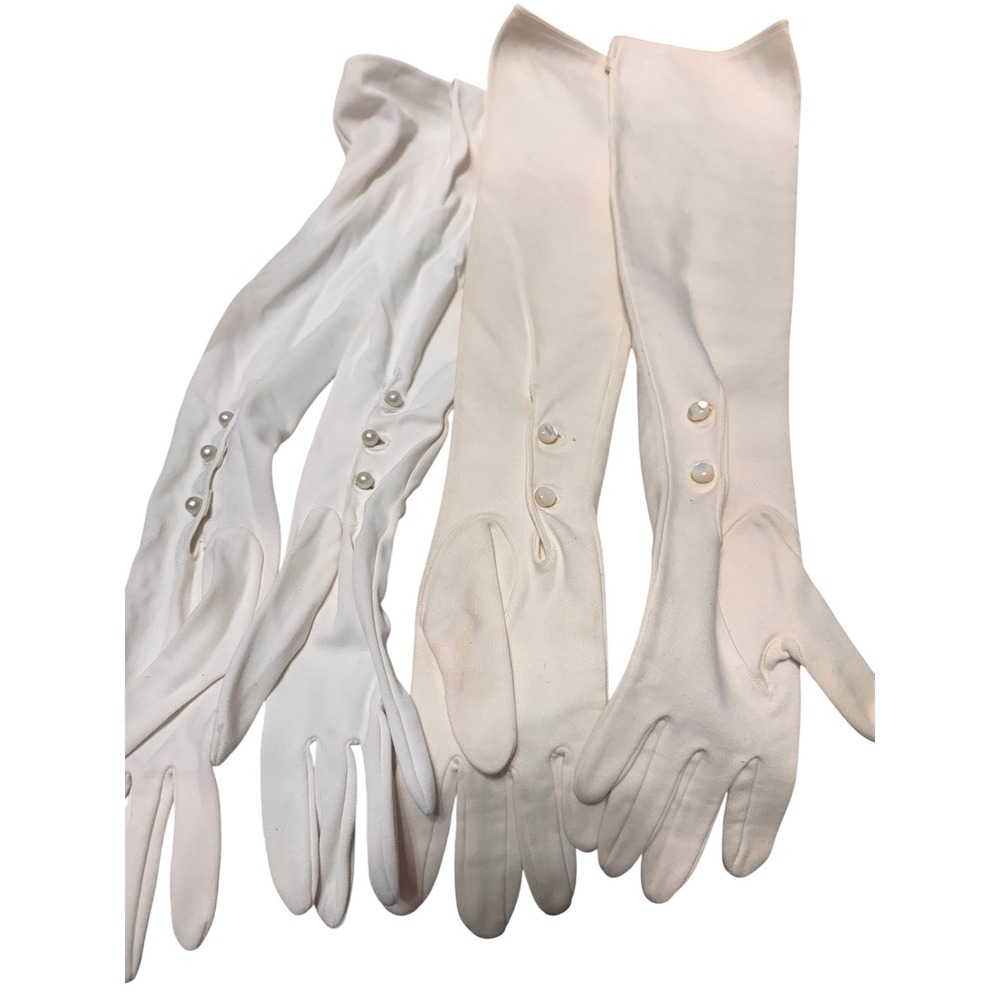 2 Pair Vintage Long Opera Gloves White Cream Faux Pearl Button Formal Bridal